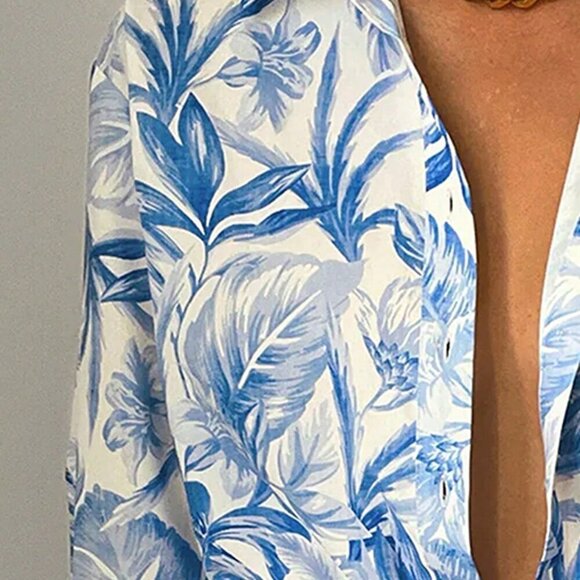 Blue Boho Women's Vacation Floral Print Long Sleeve Shirt And Shorts Set - Picture 3 of 3